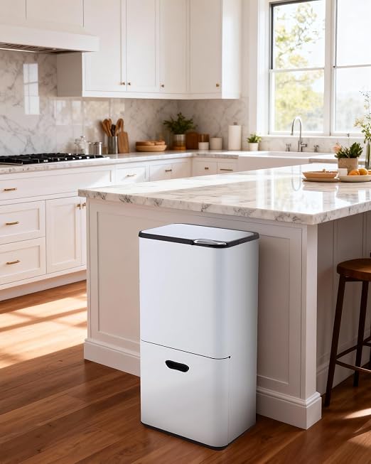 Garvee 16 Gal Dual Trash Can for Kitchen, 2 Compartment (33l + 28l) Garbage Can with Compost Bin, Stainless Steel Trash and Recycle Bin Combo with Removable Inner Bucket, Odor Control, White