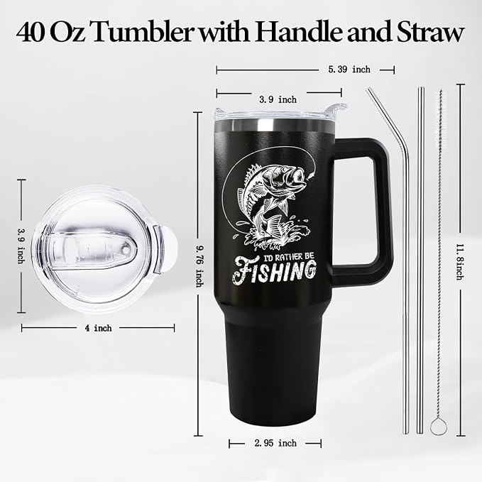 Ceovfoi 40 oz Black Stainless Steel Tumbler With Handle, Fishing Gifts for Men, American Flag Patriotic Cup
