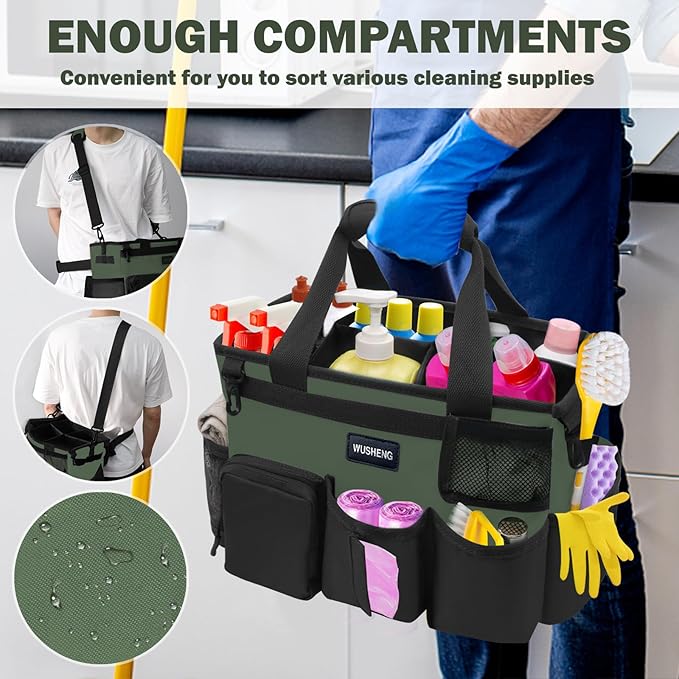 Wearable Cleaning Caddy Bag,Cleaning Supply Tote for Cleaning Supplies, Cleaning Organizer with Adjustable Shoulder and Waist Straps for Cleaners & Housekeepers (Green and Black, Large)