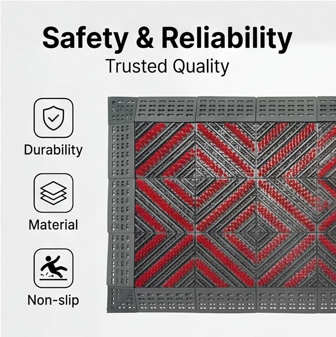Heavy Duty Outdoor Boot Scraper Mat, 35.5" x 23.5", Black-Red | Mud & Snow Doormat, Stiff Nylon Bristles, Modular Interlocking, For Patio, Garage, Garden, High Traffic