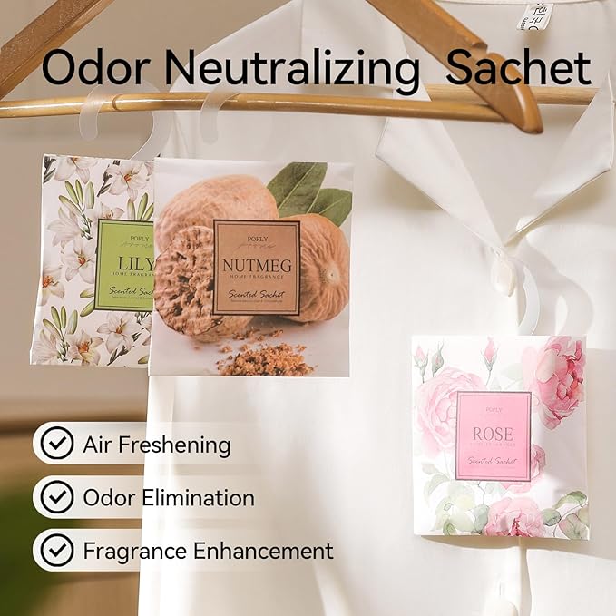 12 Pack Rose Scented Sachets, Long-Lasting Fresh Scent, Air Freshener for Closet & Drawers, Hanging Deodorizer for Home