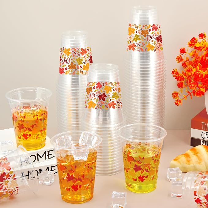 100 Pcs 12 oz Fall Maple Leaf Cups Tanksgiving Disposable Clear Plastic Cups for Fall Party Birthday Supplies