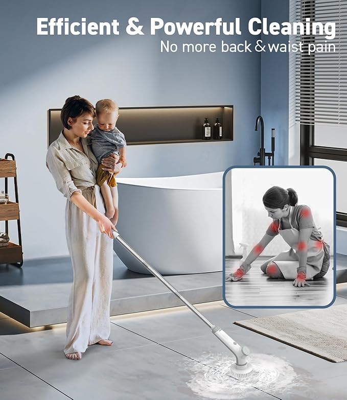 Electric Spin Scrubber, VEWIOR Cordless Shower Scrubber with 3 Adjustable Angle, Cleaning Brush with 2 Speeds 3 Replaceable Brush Heads for Bathroom Kitchen Tub