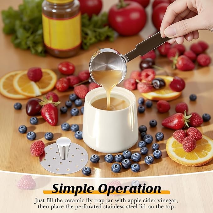 Ceramic Fruit Fly Trap for Indoors, Reusable Kitchen Fly Catcher with Stainless Steel Vent Lid, Uses Safe & Natural Vinegar Bait Trap, Dishwasher Safe, Easy to Use(White,2 Pack)