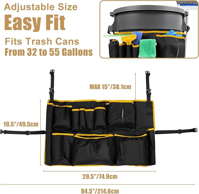 Trash Can Caddy Bag, 1680D waterproof and easy-to-clean fabric, fits for 32-55 Gallon Garbage Bin with Adjustable Buckle, Multi-Pocket Garbage Bin Caddy Organizer, Orange Edge