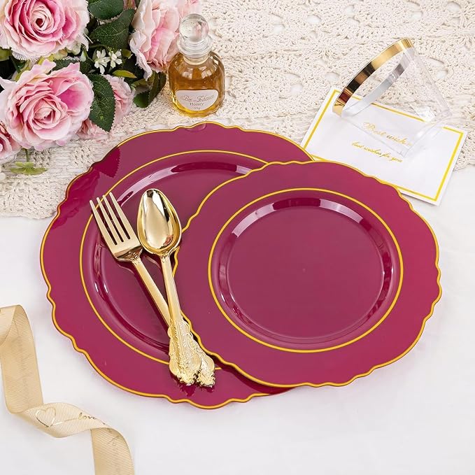 Liacere 350PCS Red Plastic Plates-Disposable Burgundy Red and Gold Plates 50guest Baroque Plastic Dinnerware include 100Plates, 50Pack Pre Rolled Napkins with Silverware 50Cups for Party & Wedding