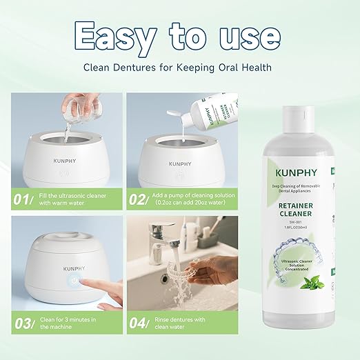 KUNPHY Ultrasonic Retainer Cleaner Solution Concentrate-Professional Cleaning of Retainers, Denture, Invisible Aligners, Mouth Guards, Night Guards, Remove Odors, Discoloration & Stains 1.8 oz(Mint)