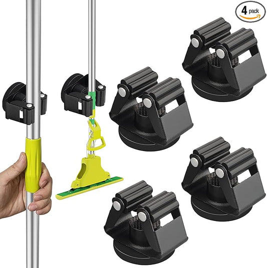 ULIBERMAGNET Magnetic Mop Broom Holder,Heavy Duty Movable Magnetic Broom Holder Rack,Anti-slip Wall Mounted Utility Storage Mop Shovel Hanger for Garage, Kitchen, Laundry, Garden(4 Pack/Black)