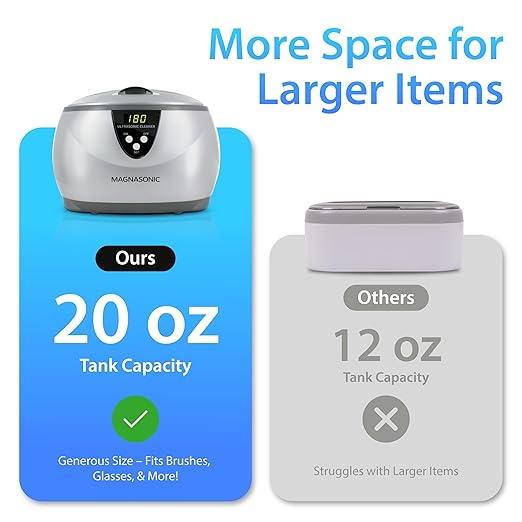 Magnasonic Ultrasonic Cleaner, 20oz Stainless Steel Tank, Digital Timer, 5 Cleaning Modes, w/ 8oz Gem & Jewelry Cleaner Concentrate Solution for All Jewelry, Eyeglasses, Watches, Dentures, Retainers