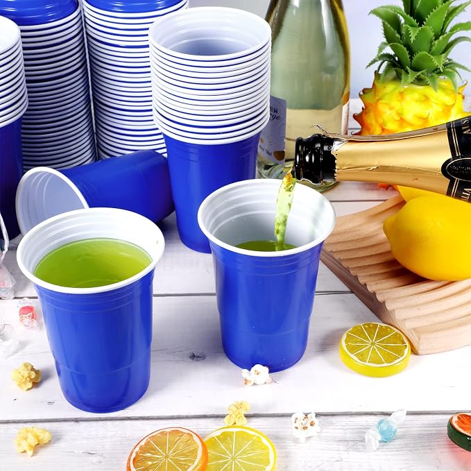 Lounsweer 100 Pcs 16 oz Disposable Party Cups Plastic Heavy Duty Drinking Water Cups for Birthday Baby Shower Wedding BBQ Picnic Party Supplies(Blue)