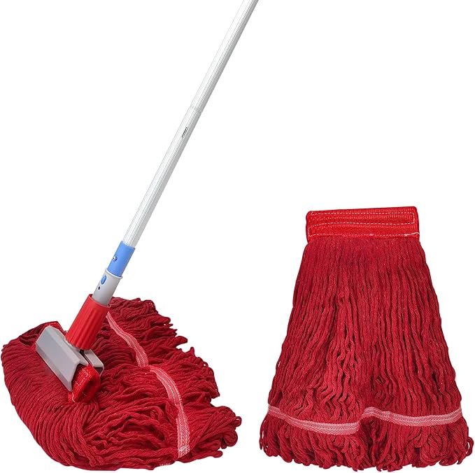 Commercial Mop-Heavy Duty Industrial 59 inch Looped-End String Mop Heavy Duty Industrial Cotton Mophead Includes 2 Head for Home,Garage, Workshop, Warehouse Floor Cleaning-red