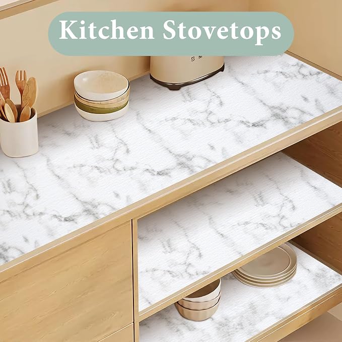 Drawer and Shelf Liner for Kitchen Cabinet: 12 in X 40 Ft Non Slip Waterproof Shelf Paper Non Adhesive Refrigerator Liners White Marble Easy Liners for Bathroom with Knife Tape Measure