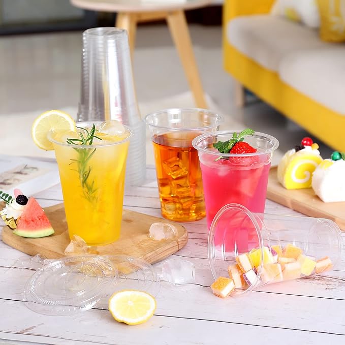 TashiBox Plastic Cups with Flat Lids 100 Sets 16 oz, Clear Crystal drink cups with lids
