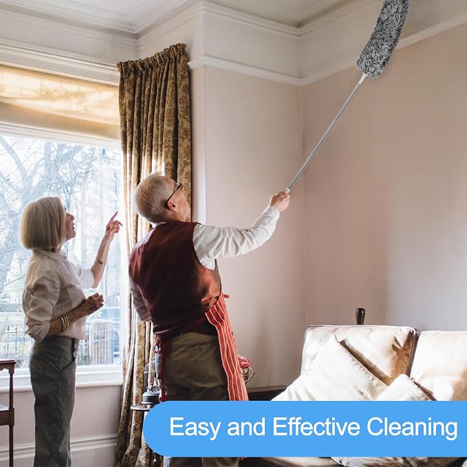 Duster for Cleaning 5-in-1 Kit, 100 Inches Duster with Extension Pole, Extendable Duster, Microfiber Feather Duster, Cobweb Dusters for High Ceilings, Furniture, Blinds, Wall- Grey