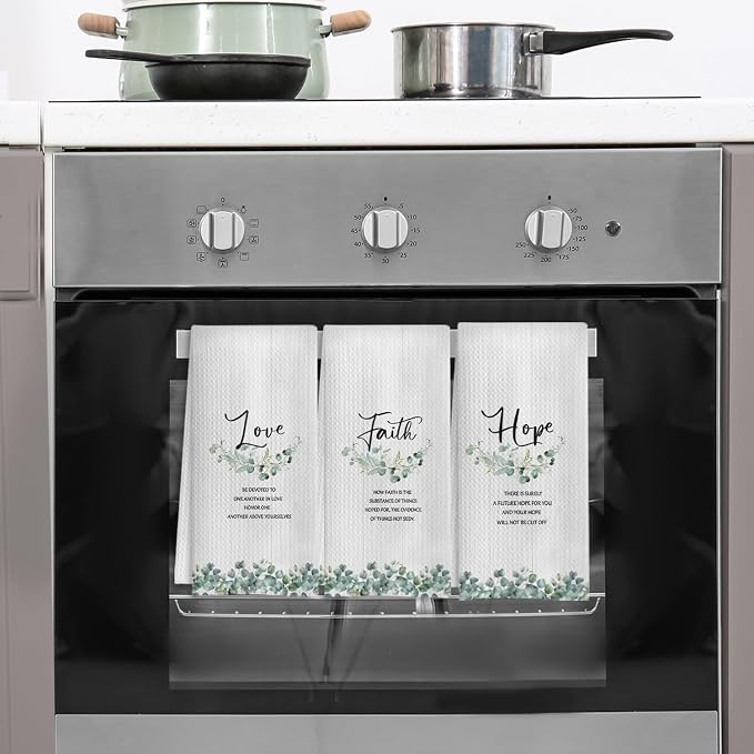 Faith Hope Love Christian Kitchen Towels, Sage Green Eucalyptus Religious Hand Towels for Bathroom Decor, Bible Verse Decor Dish Tea Towels for Kitchen Decor, 16x24 Inch Set of 3