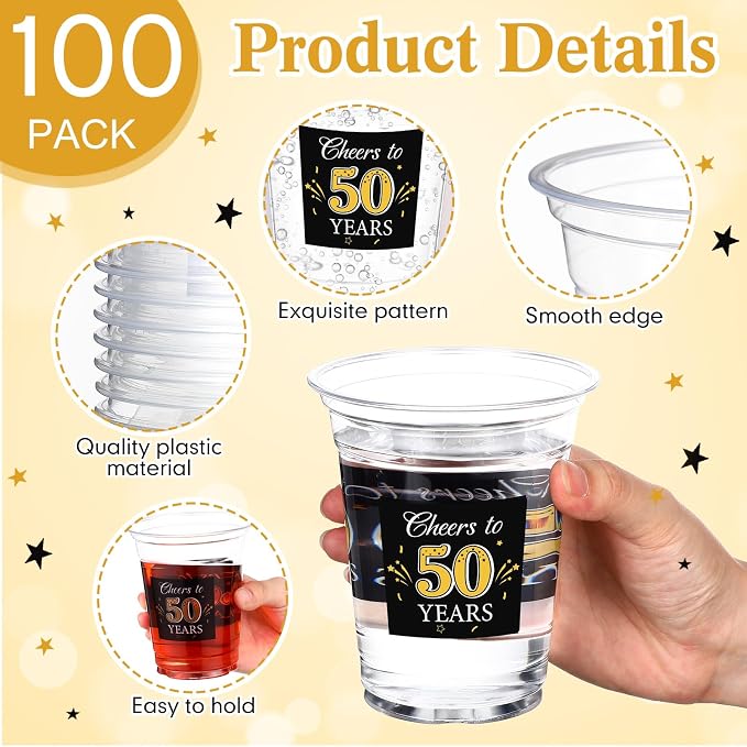 Funnymoom 100 Pack 50th Birthday Cup 12 oz Cheers to 50 Years Happy Birthday Disposable Clear Plastic Cups for Him Men Women Wedding Anniversary Decorations Party Favors