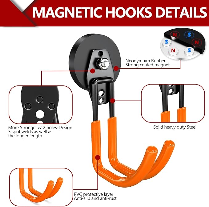 3-H Extra Strong Magnetic Hooks,Heavy Duty Large Anti-Slip Magnet Hooks J Shape,No-Drill Tool Holder for Garage,Power Drill,Garden Tools,Hose Storage,4 Pack Orange