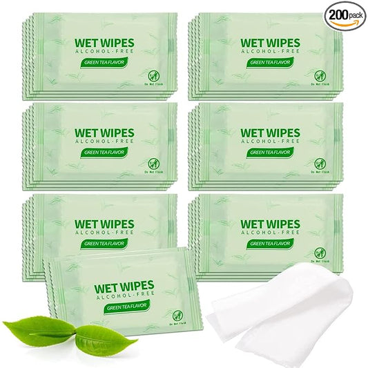 200 pcs Tea Wet Wipes Individually Wrapped, Disposable Skin Cleansing Wipes, Individual Wrapped, Safe, Convenient, Lightweight, Aloe Vera for Butt, Hands, Face Cleaning, Ideal for Daily Use