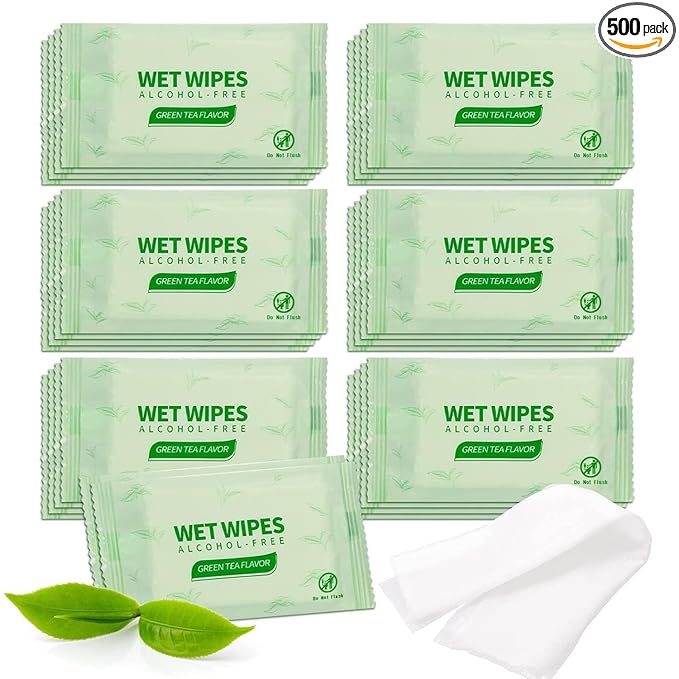 500 pcs Tea Wet Wipes Individually Wrapped, Disposable Skin Cleansing Wipes, Individual Wrapped, Safe, Convenient, Lightweight, Aloe Vera for Butt, Hands, Face Cleaning, Daily Use, Green Tea.