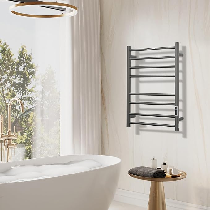 Electric Heated Towel Warmer - Wall Mounted Bathroom Towel Rack, Plug-in Design & Brushed Stainless Steel Finish 8 Bar Gunmetal with Timer & Temperature Control