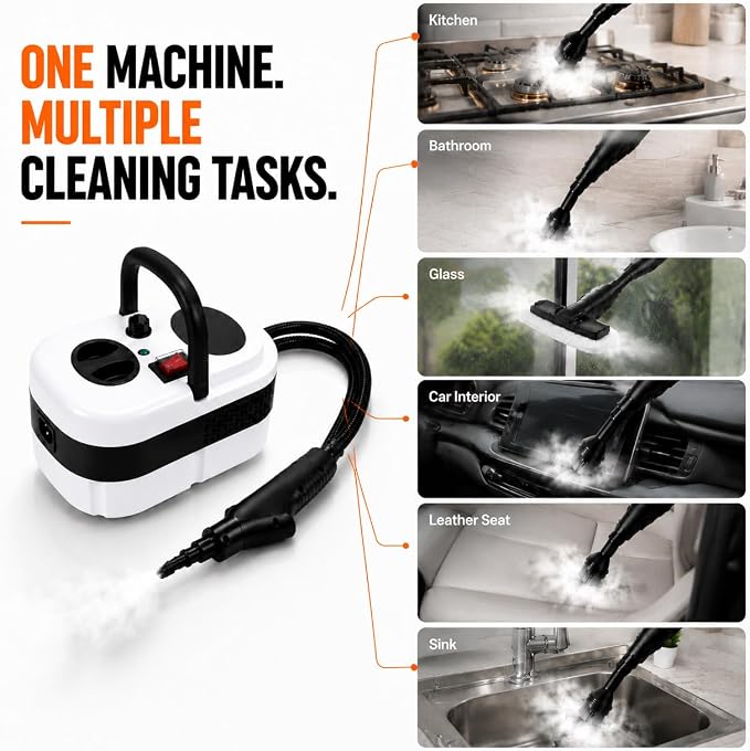 Pressurized Handheld Steam Cleaner, 221°F High-Temp Steamer for Deep Cleaning, Chemical-Free for Pets & Kids, 10-Piece Accessory Kit for Car, Couch, Grout, Tile & Floor