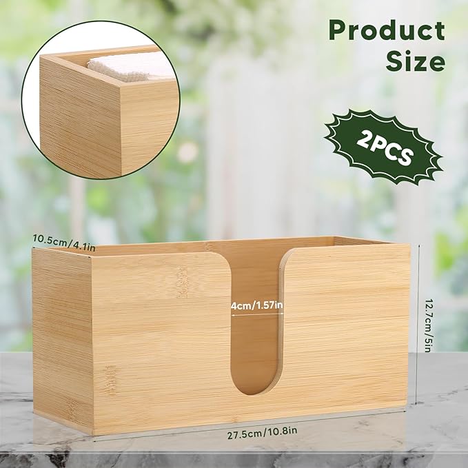 2Pack Bamboo Countertop Paper Towel Dispenser, Folded Paper Towel Dispenser Clear Trifold Napkin Holder, Suitable for Z-fold, C-fold or MultiFold Trifold Paper Towels for Bathroom Toilet and Kitchen