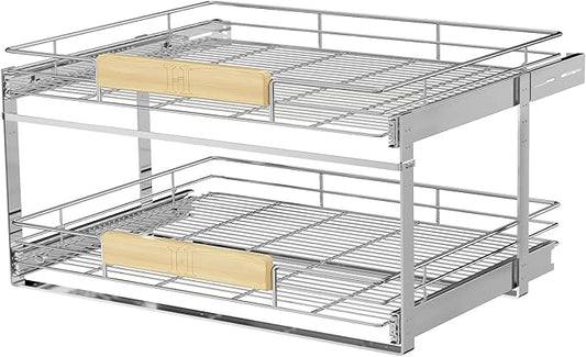 LOVMOR 2 Tier Pull Out Cabinet Organizer 28½" W x 21½" D, Slide Out Drawers with Wooden Handle, Sliding Shelves Organization and Storage for Kitchen, Pantry