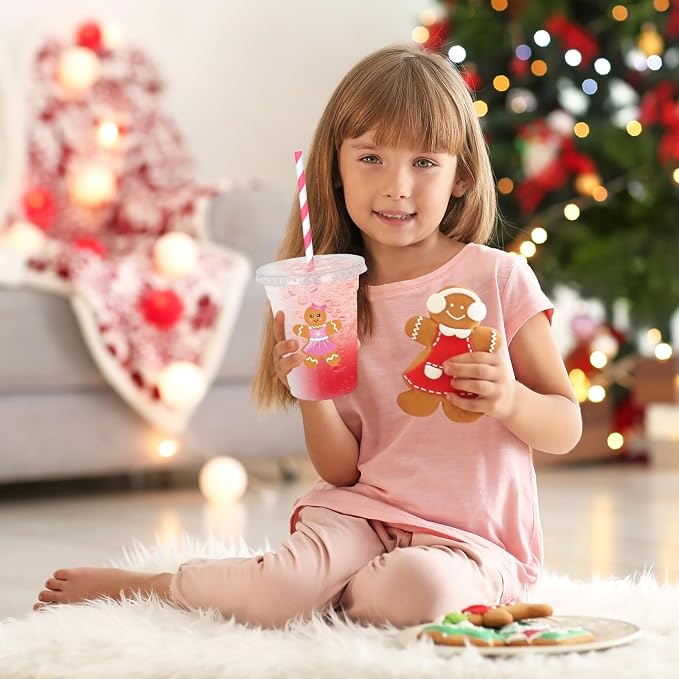 Whaline 50 Pcs 12 Oz Christmas Disposable Plastic Cups with Lids and Straws Cute Pink Gingerbread Man Cold Beverage Drinking Cups for Xmas Birthday Party Supplies
