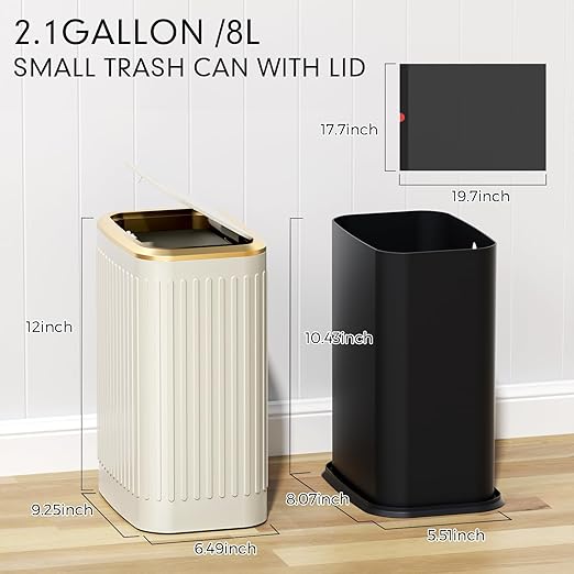 Bathroom Trash Can with Lid, 8L/2.1 Gallon Beige Trash Can Small Garbage Can with Press Top Lid Slim Stainless Steel Garbage Can with 100 Counts Trash Bags for Bathroom Bedroom Kitchen Office Toilet