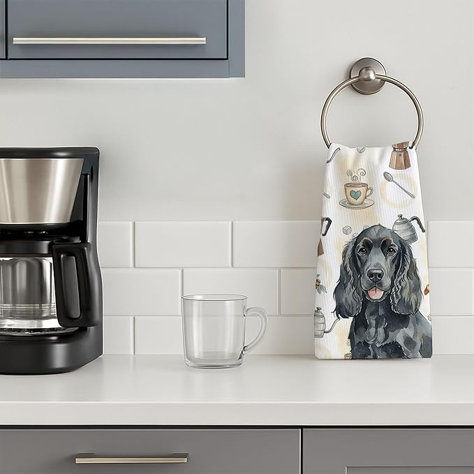 Caroline's Treasures Black Cocker Spaniel Coffee Bar Kitchen Towel Velour Plush Front and Cotton Loop Back Machine Washable