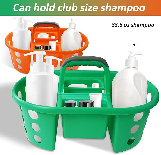 SIMPLYKLEEN Large Shower Caddy Portable 2PC - Made in USA Plastic Jumbo Size Dorm Storage Candy Tote with Handle Shower Organizer for Bathroom, Pantry, Kitchen, College Dorm, Green/Orange