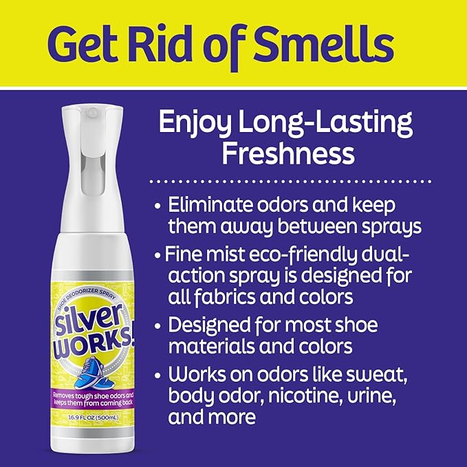 SilverWorks! Shoe Deodorizer Spray For Smelly Shoes - Shoe Odor Elimination - Boot, Sneaker, Shoe Smell Eliminator - Stinky Shoes Odor Eliminator, Shoe Freshener Spray -16.9oz
