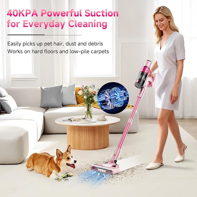 Cordless Vacuum Cleaner: Portable 6-in-1 Stick Vacuum with Anti-Tangle Brush, LED Headlight, Self-Standing, HD Display, Rechargeable Vacuum for Pet Hair, Low-Pile Carpet and Hardwood Floor-Dark Pink