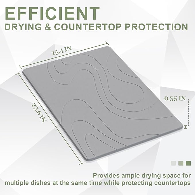 Large Stone Drying Mat for Kitchen Counter, 24" × 16" Diatomite Dish Drying Mat, Quick Dry Stone Mats, Ultra Absorbent Natural Diatomaceous Earth Mats for Dished, Bottles, Dark Grey