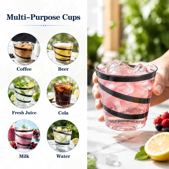 100 Pack 9 OZ Clear Plastic Cups with Gold Rim, Disposable Rimmed Swirl Cocktail Party Cup, Heavy Duty Elegant Wine Glasses, Drinking Tumbler for Weeding Christmas Single Party (Black, Gold)