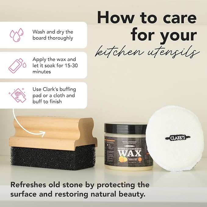 CLARK'S Natural Stone Wax Kit - Set to Restore Soapstone, Slate and Concrete Countertops includes Finishing Wax (6oz), Applicator Sponge and Buffing Pad, Enriched with Natural Lemon and Orange Extract