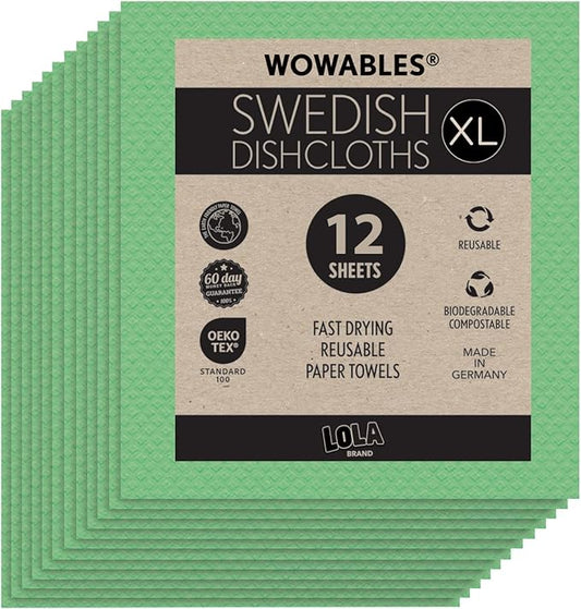 Swedish Dishcloths for Kitchen XL, 12 Sheet Roll, Biodegradable & Compostable, Reusable Paper Towel Cleaning Cloths, 11" x 10", No Odor, Washing Dishes, Ultra Absorbent Cellulose Sponge Towel, By LOLA
