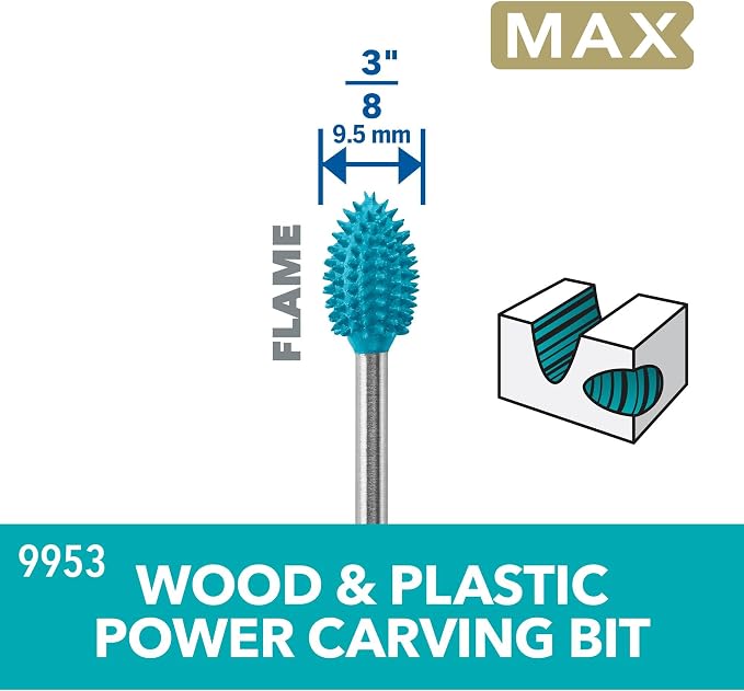 Dremel 9953 Flame Tip 3/8" Power Rotary Carving Bit - Ideal for Removal and Smoothing Applications in Wood, Plastic, Foam, and Rubber