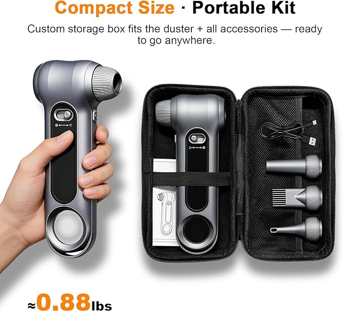 Compressed Air Duster 150000RPM Copper Brushless Motor, Stepless Speed Cordless Blower with LED&Magnifier Glass, Carry Bag & Nozzle Kit, Replaces Air Cans for PC Keyboard Electronics Car Home (Gray)