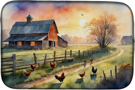 Caroline's Treasures Chicken Farmyard Sunrise Dish Drying Mat Absorbent Dish Drying Mat Pad for Kitchen Counter Dish Drainer Mat for Countertop, 14 x 21", Multicolor