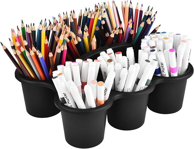 ALINK 6 Pack Classroom Caddy Storage Basket with Handle, Plastic Drink Cup Caddy Holder, 6 Compartments for Kids, Table, Office, Arts, Crafts, Crayon, Marker, Pencil, School Supplies - Black