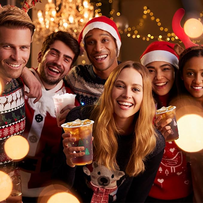 100Pcs Boho Christmas Tree Plastic Party Cups, 12oz Xmas Disposable Clear Cups for Christmas Party, Holiday Gatherings, Decorative Drinkware Supplies