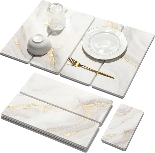 Large Stone Dish Drying Mat for Kitchen Counter, 2 PCS Quick Dry Stone Mats, Foldable Water Absorbing Diatomaceous Earth Drying Dishes Pad for Countertop Bottle Utensil Cup(Yellow White 24"x16"&8"x4")