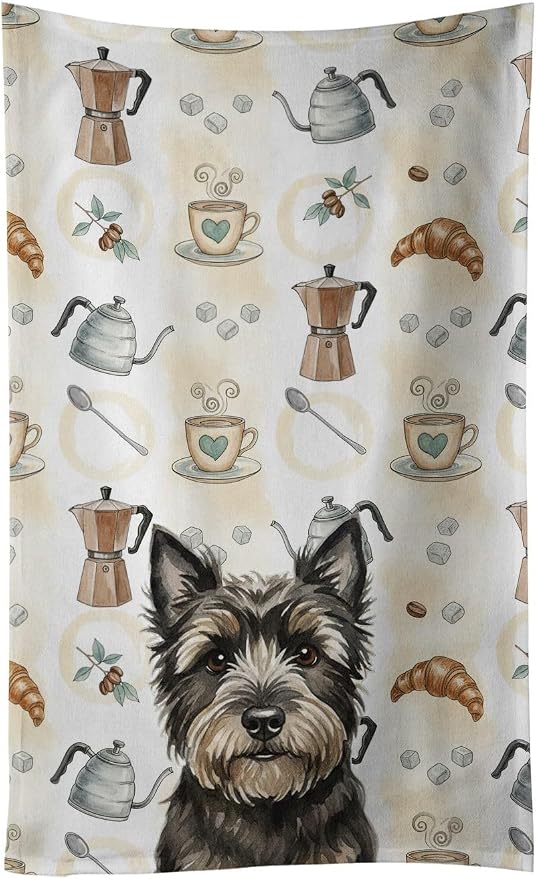 Caroline's Treasures Black Cairn Terrier Coffee Bar Kitchen Towel Velour Plush Front and Cotton Loop Back Machine Washable