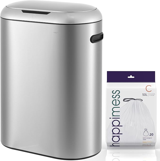 happimess HPM1016A Robo Kitchen 13.2-Gallon Slim Oval Motion Sensor Touchless Trash Can with Touch Mode, Fingerprint Resistant, Modern, Minimalistic for Kitchen, Office, Bathroom, Platinum Silver