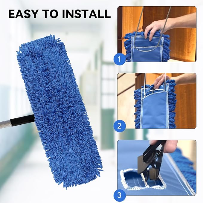3 Pack 24 Inch Microfiber Dust Mop Head, Medium Washable Commercial Sweeper and Janitorial, Blue