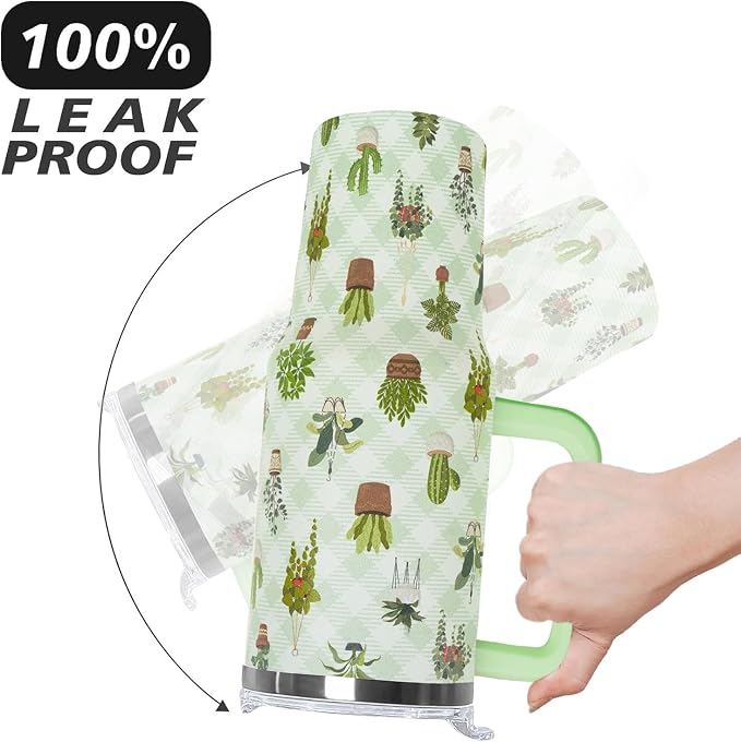 Ceovfoi 40oz Cactus Themed Insulated Tumbler with Handle, Coffee Mug Water Bottle with Lid Straw, Botanical Decor & Plant Enthusiast Gifts