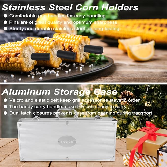 POLIGO 22 PCS BBQ Grill Accessories Set in Aluminum Case Bundle with 2 Different Types Safe Grill Brush and Scraper for All Barbecue Grills - Ideal Birthday Christmas BBQ Set Gifts for Men Dad