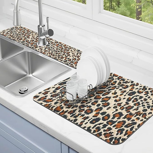 Dish Drying Mat for Kitchen Counter Matt, 2PCS 23"x15" Dish Drainer Mat & 24"x5.5" Sink Splash Guard, Super Absorbent Non-slip Rubber Backed