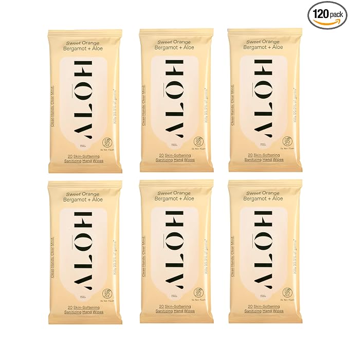 ALH Sweet Orange Bergamot + Aloe Sanitizing Hand Wipes - Clean Hands, Clear Mind - On The Go Hand Sanitizer for Kids & Adults - Travel Size 6 Packs (120 wipes)